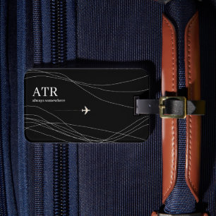 Étiquette À Bagage Nom Monogramme minces lignes courbes sur noir