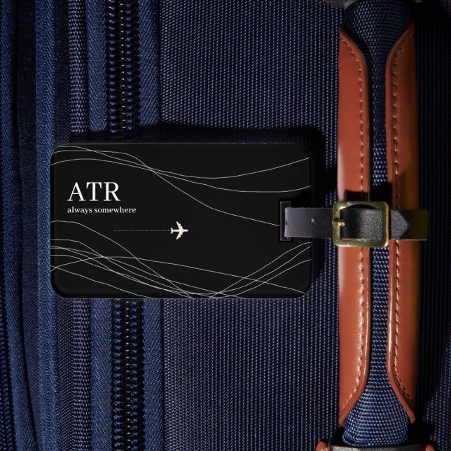 Étiquette À Bagage Nom Monogramme minces lignes courbes sur noir (Insitu Rectoal 4)