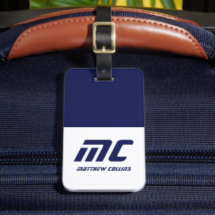 Étiquette À Bagage Nom Monogrammé Moderne en Bleu Simple et Gras