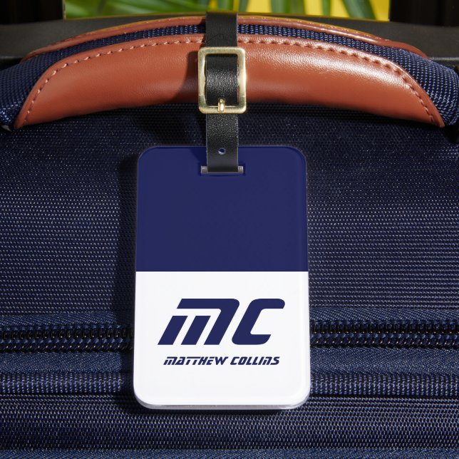 Étiquette À Bagage Nom Monogrammé Moderne en Bleu Simple et Gras (Insitu Rectoal 2)