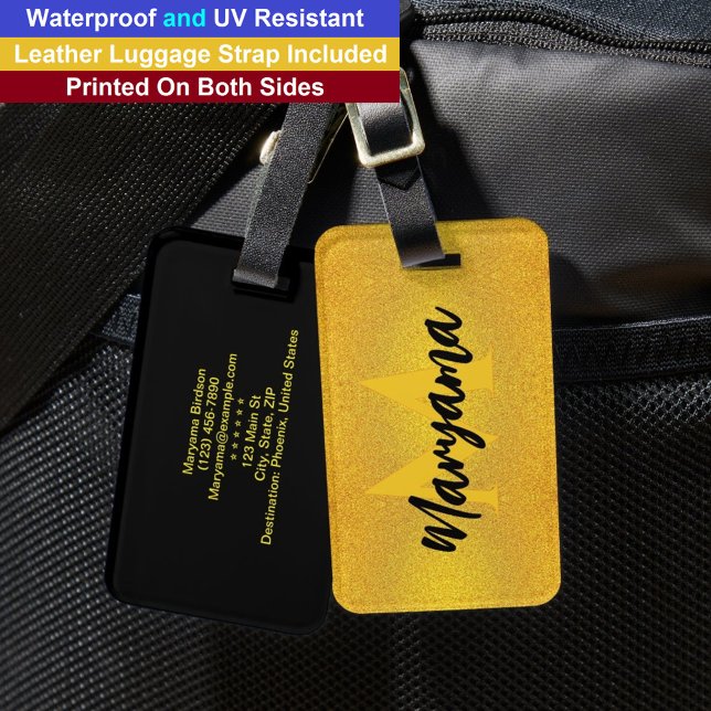 Étiquette À Bagage Nom Monogramme Moderne | Initiales Luxueuses Noir  (Monogram Name Travel Tag
)