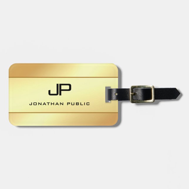 Étiquette À Bagage Nom Monogramme moderne Or look glamour (Devant horizontal)