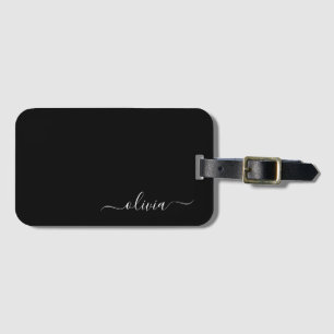 Étiquette À Bagage Nom Monogramme Moderne Script Féminin Noir