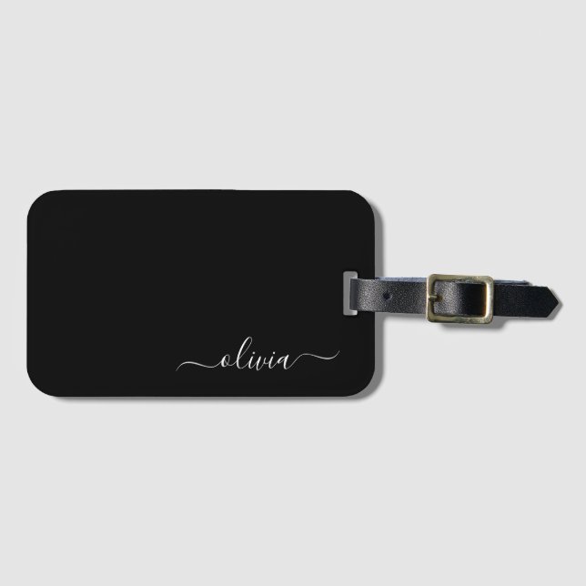 Étiquette À Bagage Nom Monogramme Moderne Script Féminin Noir (Devant Horizontal)