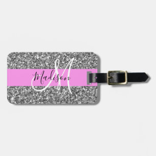 Étiquette À Bagage Nom Monogramme Paillettes Rose & Argent Glamour