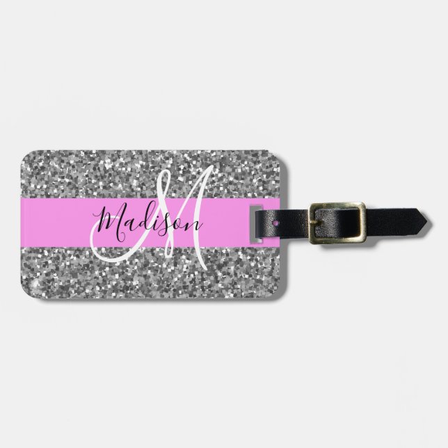 Étiquette À Bagage Nom Monogramme Paillettes Rose & Argent Glamour (Devant horizontal)