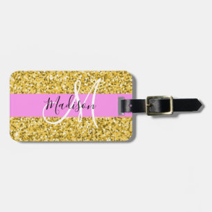 Étiquette À Bagage Nom Monogramme Paillettes Rose et Or Glamour
