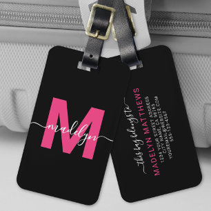 Étiquette À Bagage Nom Monogramme Personnalisé Moderne Féminin Rose