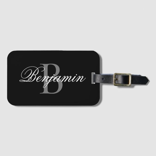 Étiquette À Bagage Nom Monogramme Personnalisé Noir Et Gris (Devant Horizontal)