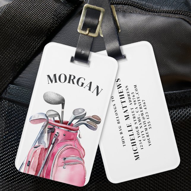 Étiquette À Bagage Nom Monogramme Rose Golf (Pink Monogram Name Golf Luggage Tag)