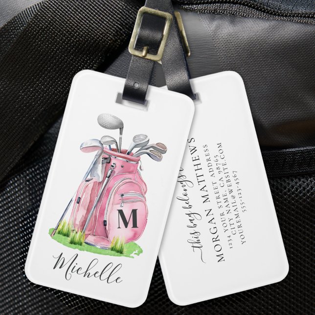 Étiquette À Bagage Nom Monogramme Rose Golf (Pink Monogram Name Golf Luggage Tag)