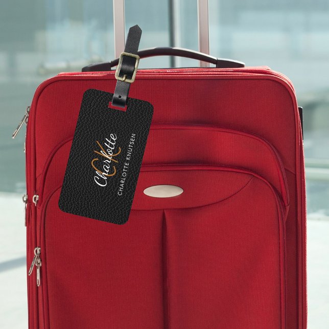 Étiquette À Bagage Nom monographique blanc en cuir noir (Créateur téléchargé)