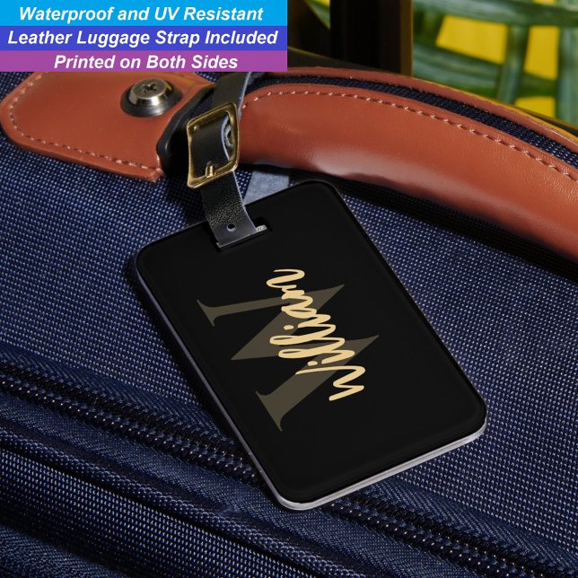 Étiquette À Bagage Nom noir et or de luxe | Monogramme élégant (Waterproof Luggage Tag)