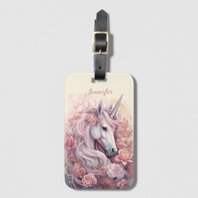 Étiquette À Bagage Nom personnalisé belle licorne (Devant Vertical)