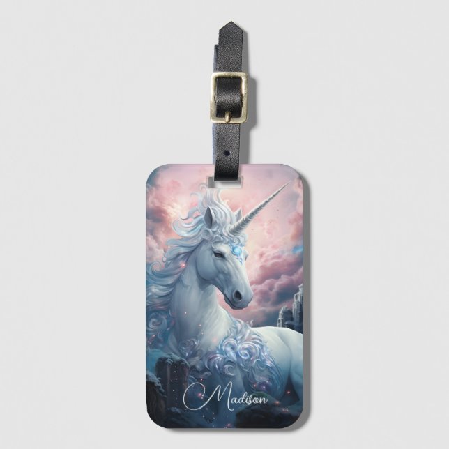 Étiquette À Bagage Nom personnalisé belle licorne (Devant Vertical)