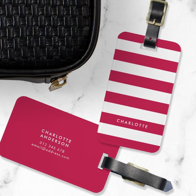 Étiquette À Bagage Nom personnalisé Couleur modifiable et bandes blan (Créateur téléchargé)