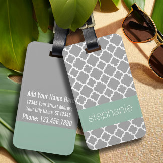 Étiquette À Bagage Nom personnalisé du Motif Quatrefoil Gris et Mint