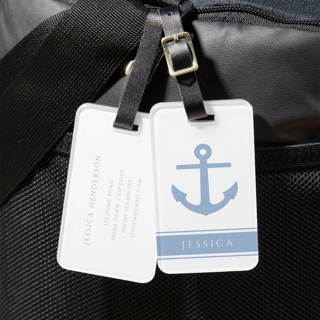 Étiquette À Bagage Nom personnalisé Dusty Blue Nautical (Modern Blue Nautical Anchor Custom Name Luggage Tag)