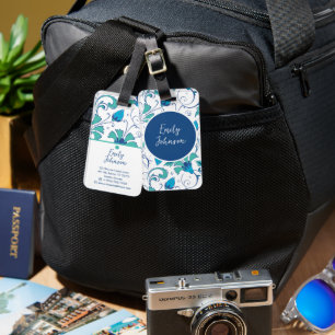 Étiquette À Bagage Nom personnalisé Élégant Bleu sarcelle Botanique d