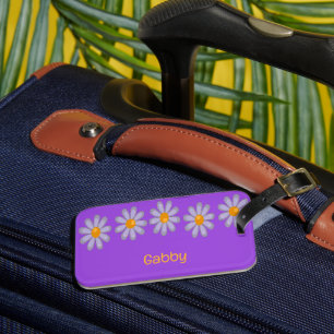 Étiquette À Bagage Nom personnalisé fleurs bleues sur violet