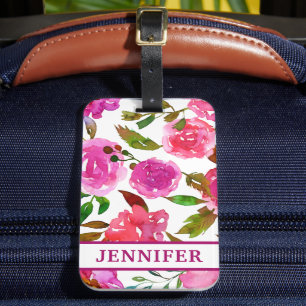 Étiquette À Bagage Nom personnalisé Girly Purple Aquarelle Florale
