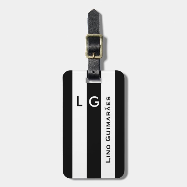 Étiquette À Bagage nom personnalisé&initiale rayures noires modernes (Devant Vertical)