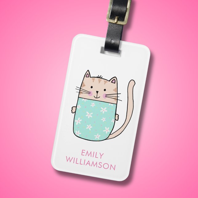 Étiquette À Bagage Nom personnalisé mignon chat illustration bagage t (Cute cat illustrated luggage tag)
