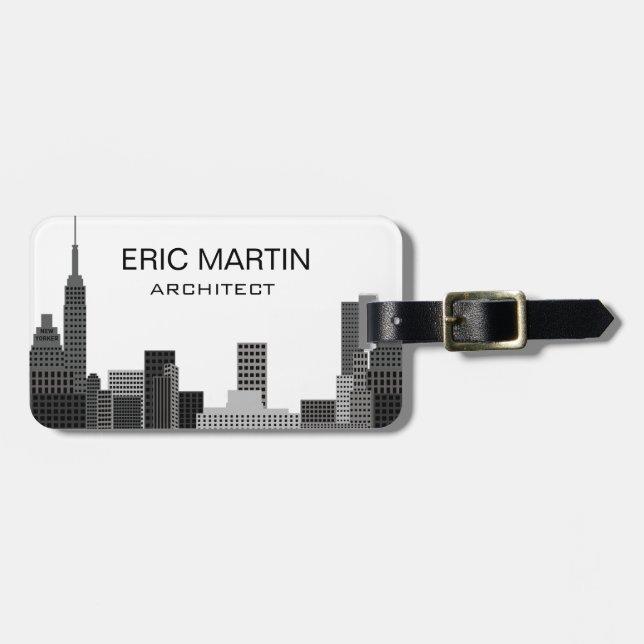 Étiquette À Bagage Nom personnalisé moderne gris d'horizon de New (Devant horizontal)