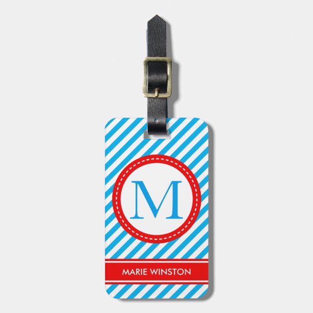 Étiquette À Bagage nom personnalisé moderne monogramme rose rayé (Devant Vertical)