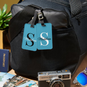 Étiquette À Bagage Nom personnalisé Monogramme sur un bleu assez Turq