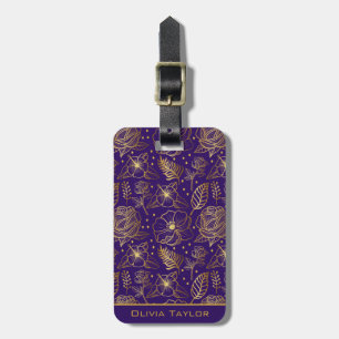 Étiquette À Bagage Nom personnalisé motif floral doré