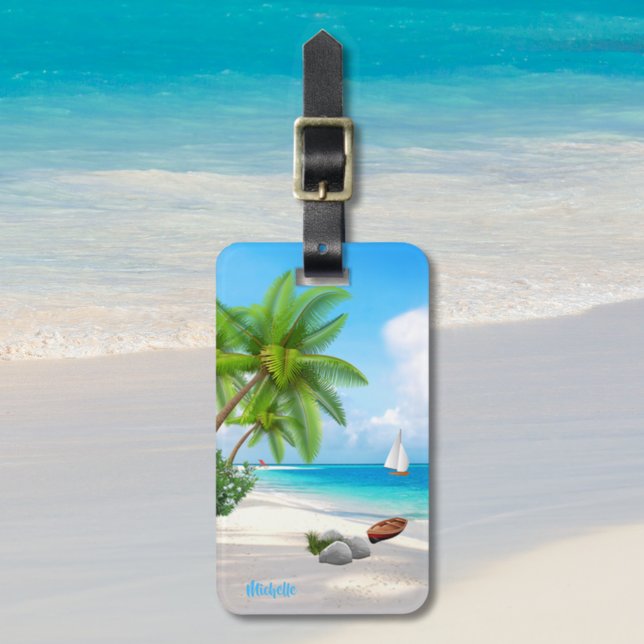 Étiquette À Bagage Nom personnalisé / Plage de sable tropical à deux  (Créateur téléchargé)