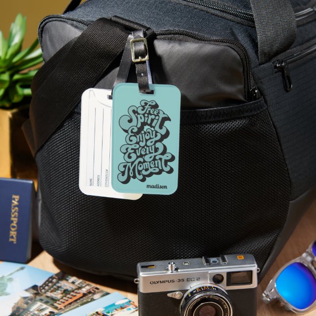 Étiquette À Bagage Nom personnalisé Rétro "Esprit libre" (Recto & Verso)