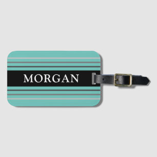 Étiquette À Bagage Nom, Texte Blanc, Noir, Rayures Grises, Turquoise 