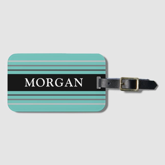 Étiquette À Bagage Nom, Texte Blanc, Noir, Rayures Grises, Turquoise  (Devant Horizontal)