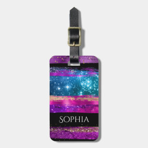 Étiquette À Bagage Nom Traits de Pinceau Étoiles Paillettes Rose Viol