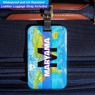 Étiquette À Bagage Nom Voyageur avec Carte du Monde   Initiale Monogr
