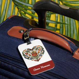 Étiquette À Bagage Norwegian Rosemaling Folk Art Heart Personnalisé