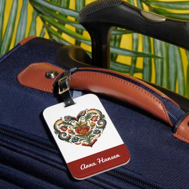 Étiquette À Bagage Norwegian Rosemaling Folk Art Heart Personnalisé (Insitu Rectoal 1)