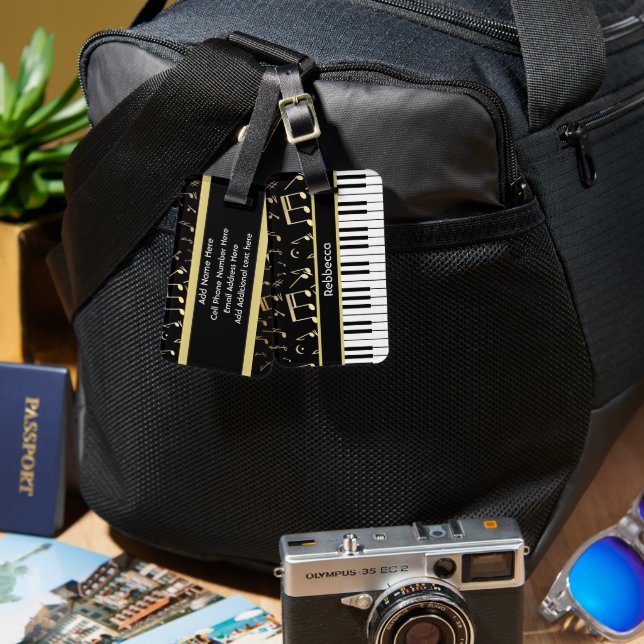 Étiquette À Bagage Notes musicales et touches de piano Noir et Or (Recto & Verso)