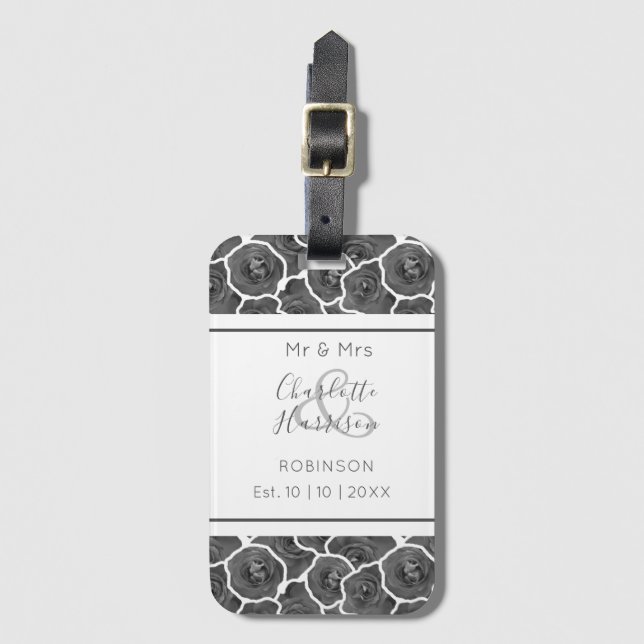 Étiquette À Bagage Nouveaux mariés M. et Mme Gray Roses Personnalisés (Devant Vertical)