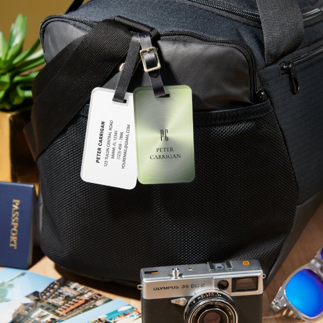 Étiquette À Bagage Novelty Elegant Monogrammed Green Metallic (Recto & Verso)