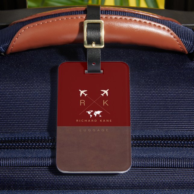 Étiquette À Bagage Numéro de bagage Brown/rouge moderne avec nom (Insitu Rectoal 2)
