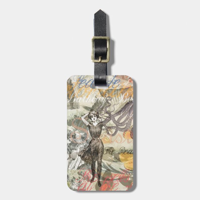 Étiquette À Bagage Octopus Beach Antique Côte Steampunk (Devant Vertical)