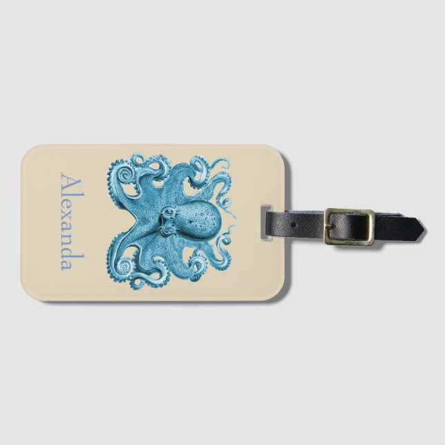 Étiquette À Bagage Octopus en bleu et bronze Personnalisé (Devant Horizontal)