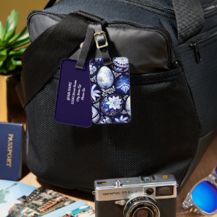 Étiquette À Bagage Œuf de Pâques Floral de Printemps Bleu Scandinave