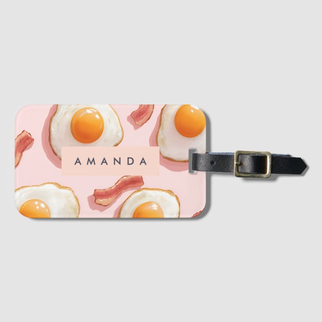 Étiquette À Bagage Oeufs frits roses personnalisés et Motif de bacon (Devant Horizontal)
