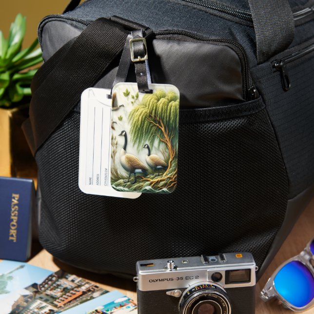 Étiquette À Bagage Oies gracieuses dans la verdure des arbres sauvage (Recto & Verso)