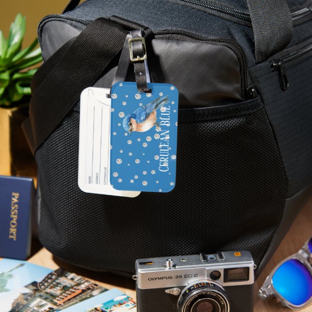 Étiquette À Bagage Oiseau bleu céruléen faux diamants (Recto & Verso)