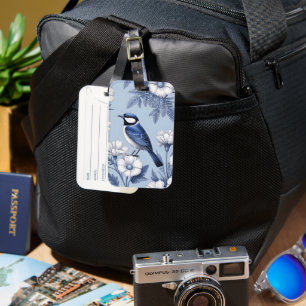 Étiquette À Bagage Oiseau Bleu Élégant et Motif Floral Blanc